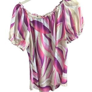 Ashley Stewart Women Blouse Top Pink Purple Swirls Dressy Scoop Ruffle‎ Neck 12w